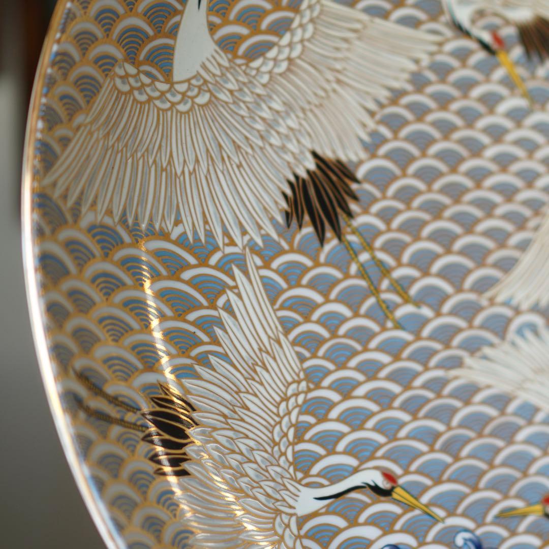 SNT555 有田焼 静山作 金彩鶴絵柄 大皿 直径約45cm 特大 色絵皿