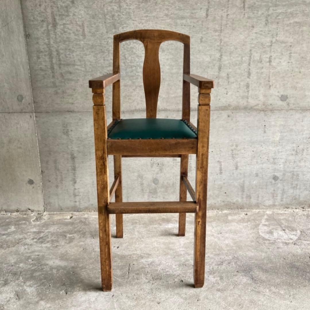 古い味のある子供椅子 ハイチェア 木製 飾り台 緑色 家具 レトロ ヴィンテージ