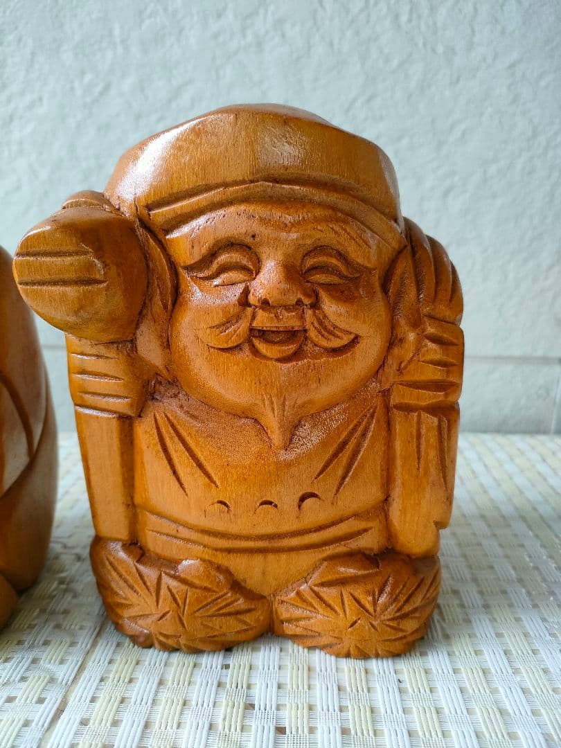 ●【希少・一対】木彫り 縁起人形 大黒天 恵比寿様 夫婦像 民芸 開運 商売繁盛