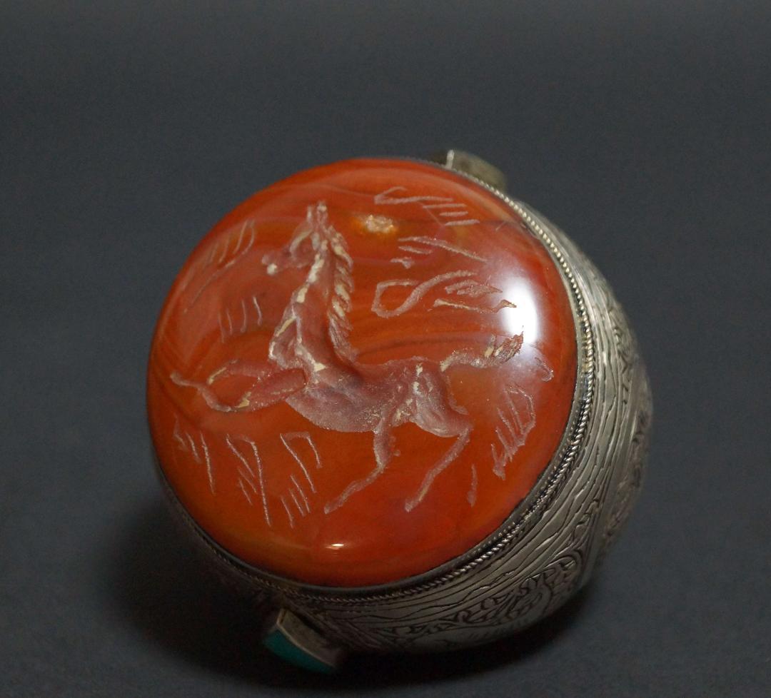 ササン朝ペルシャ期ジュエリーカーネリアン馬柄インタリオ/アマゾナイト象嵌銀製指輪