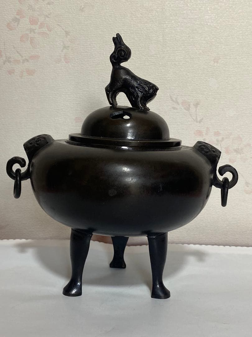 ♦獅子飾り 自在遊環 三足香炉 高岡銅器 銅製 唐金 香道具 置物 飾り 骨董品