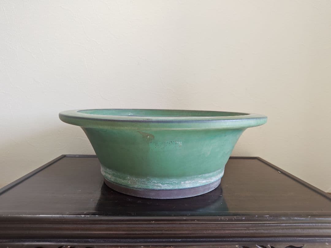 緑色の円型陶器製盆栽鉢 約42cm×15cm