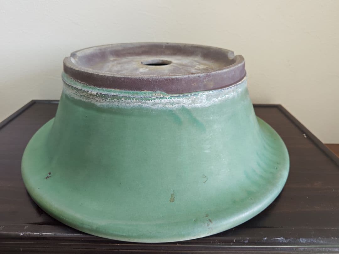 緑色の円型陶器製盆栽鉢 約42cm×15cm