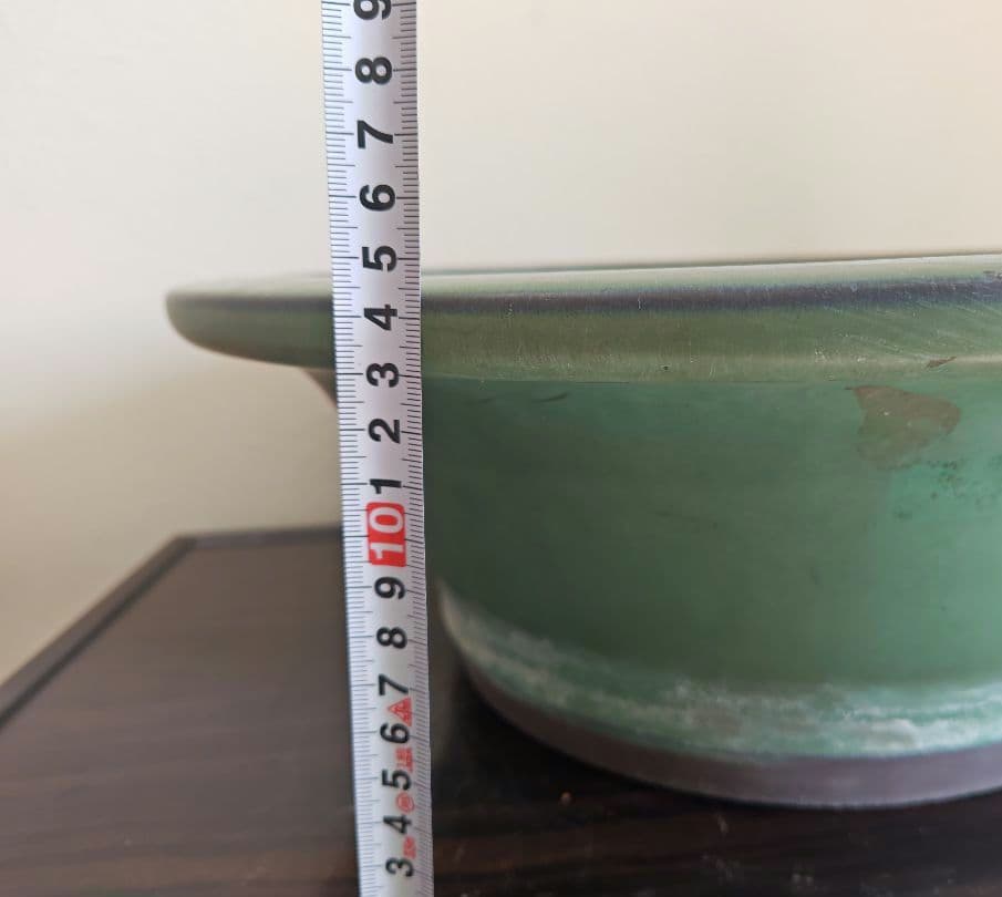 緑色の円型陶器製盆栽鉢 約42cm×15cm