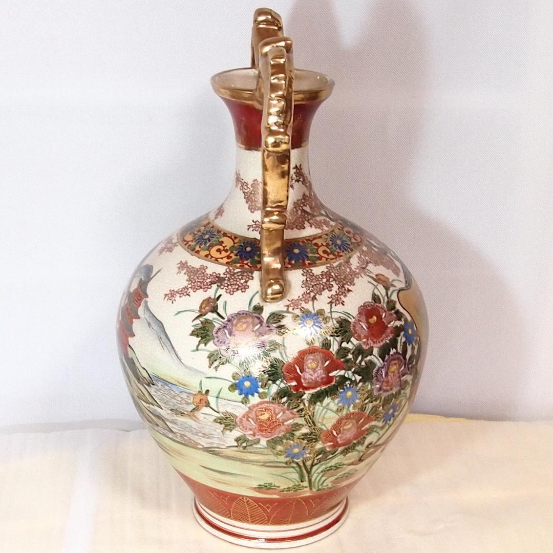 【美品】薩摩焼 御所車文/山水楼閣文 飾り壺/花瓶/花器 桜/牡丹 薩摩十字文