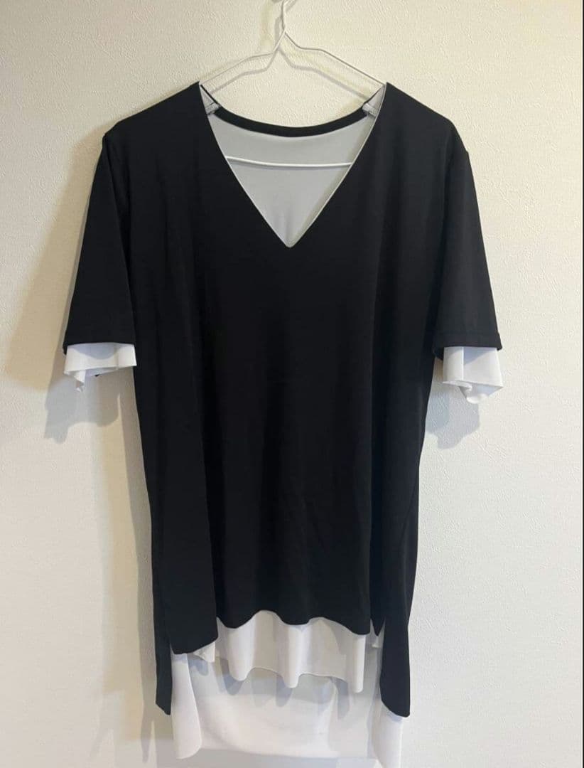 桜井着用 キリュウキリュウ Vネックレイヤードカットソーシャツ M 白黒