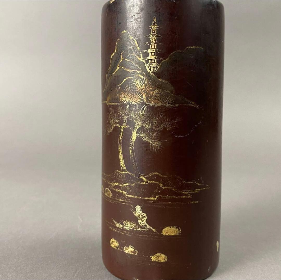 清~民国 黒漆金彩山水紋筆筒 X-85