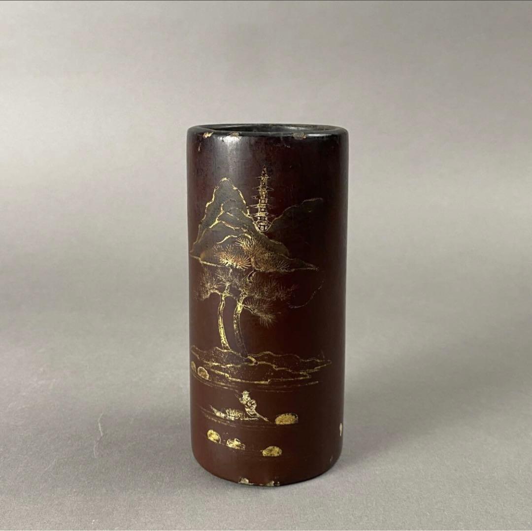 清~民国 黒漆金彩山水紋筆筒 X-85
