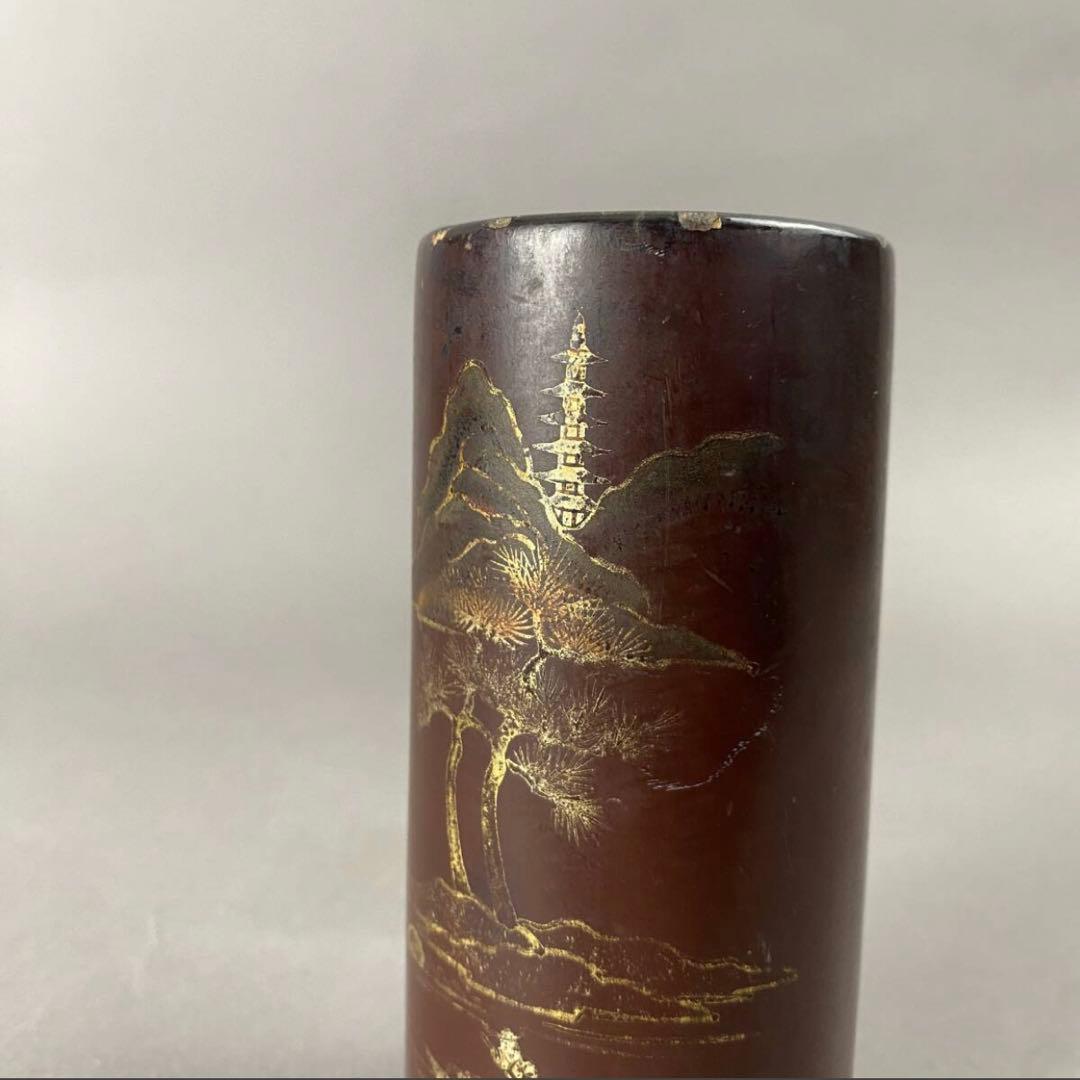 清~民国 黒漆金彩山水紋筆筒 X-85