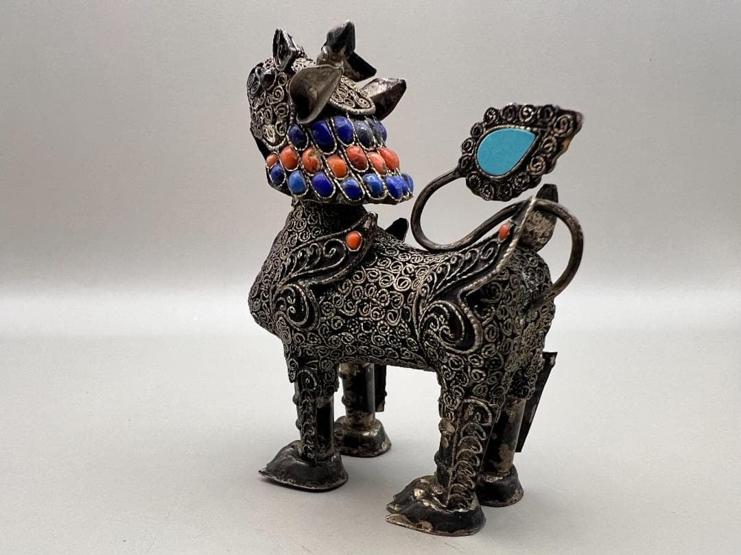 【海】民国期　銀製　獅子　珊瑚　ラピスラズリ　トルコ石装飾　中国骨董品