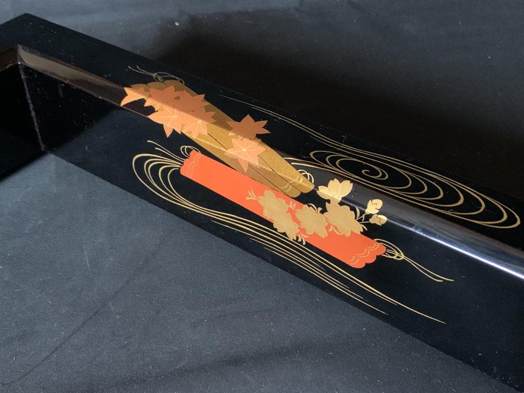 輪島塗 河智製 花筏蒔絵 木製 黒真塗 炉縁 共箱 茶道具 785