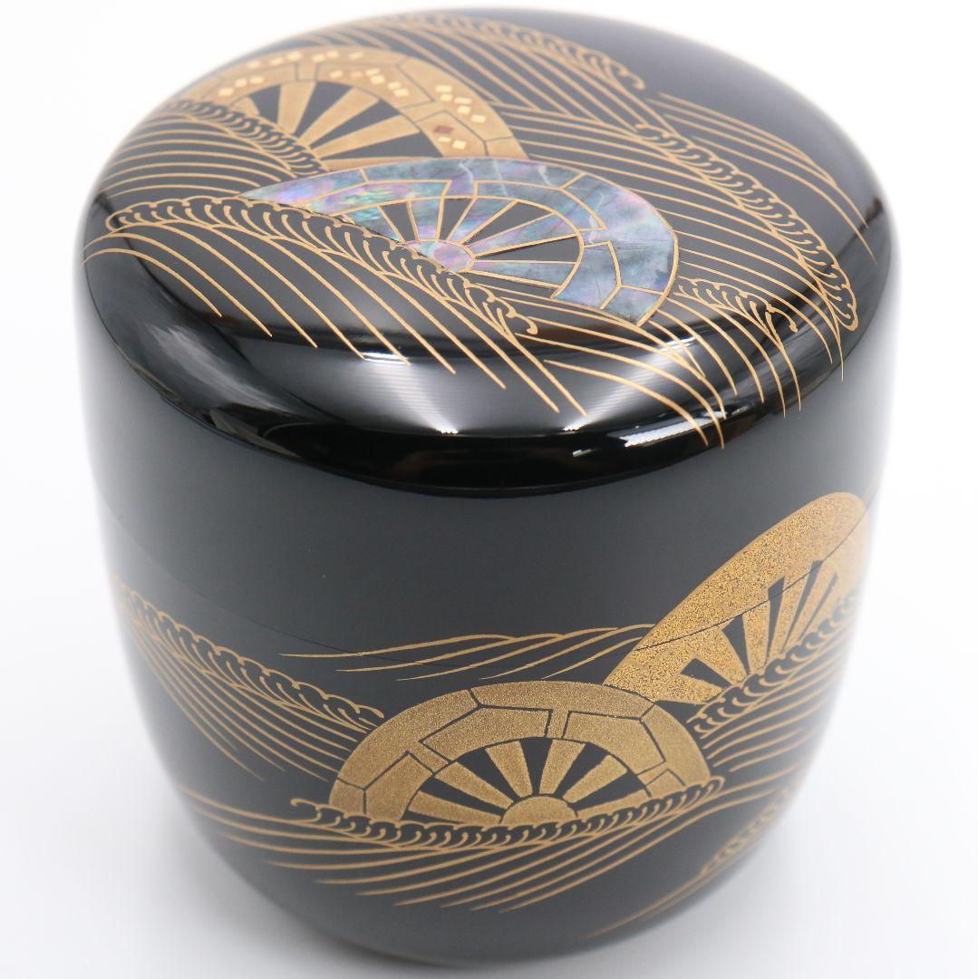 藤野松香作 波源氏車蒔絵 中棗 螺鈿細工 茶道具 共箱共布　V823　N1