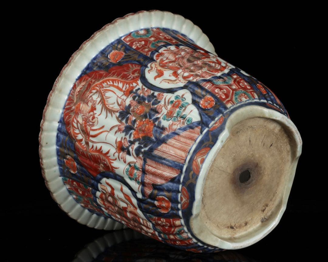 古伊万里 錦手丸鉢 色絵窓絵 鳳凰獅子文 植木鉢 蘭鉢 盆栽鉢 古美術 骨董品