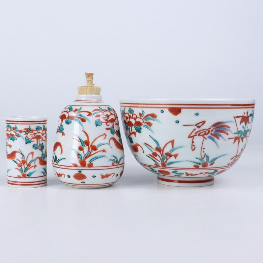 Y3104-2 高台寺蒔絵 茶箱セット 赤絵茶碗 棗 他 紙箱付　BBB