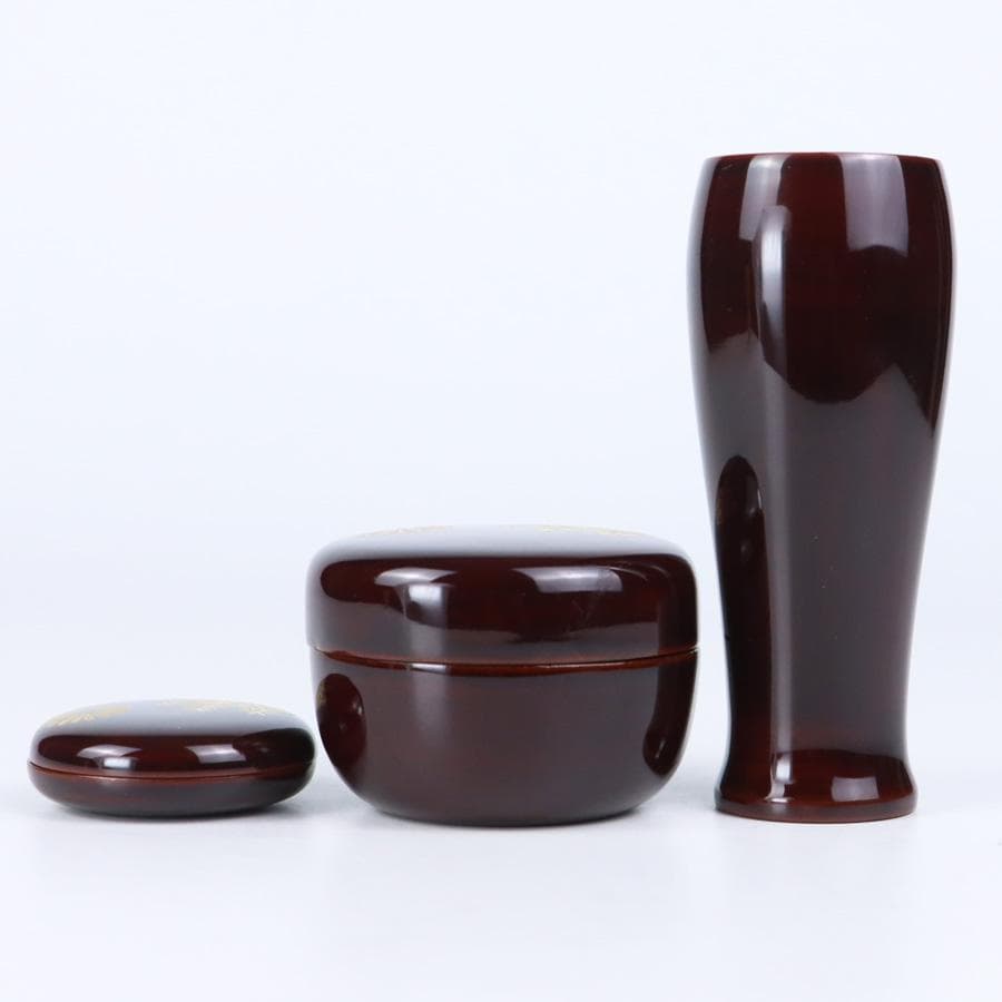 Y3104-2 高台寺蒔絵 茶箱セット 赤絵茶碗 棗 他 紙箱付　BBB