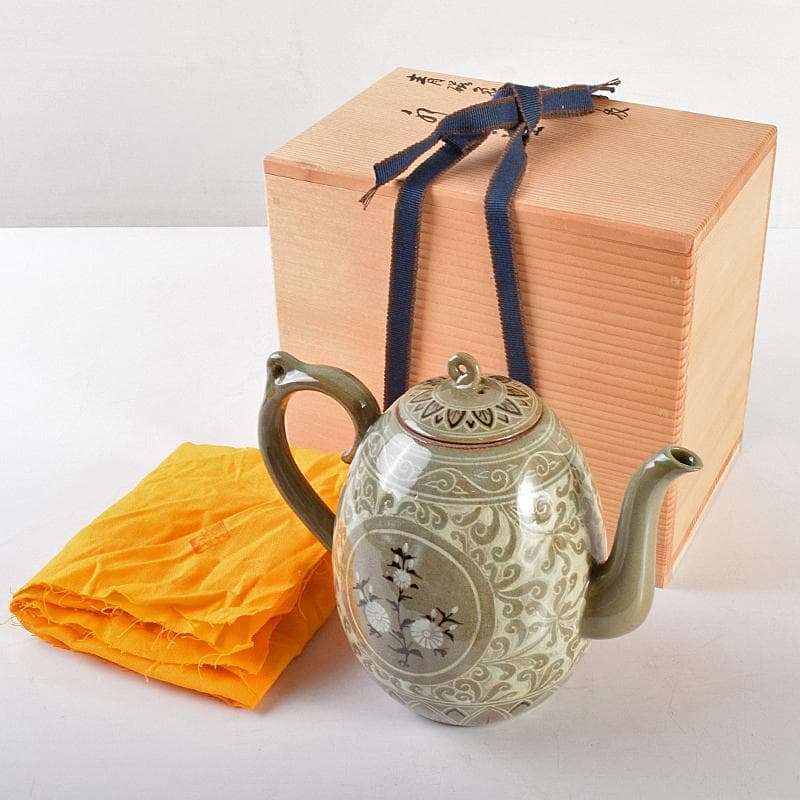 京焼　平安妙見作　青磁　象嵌唐草文　水注　共箱　M　R5052