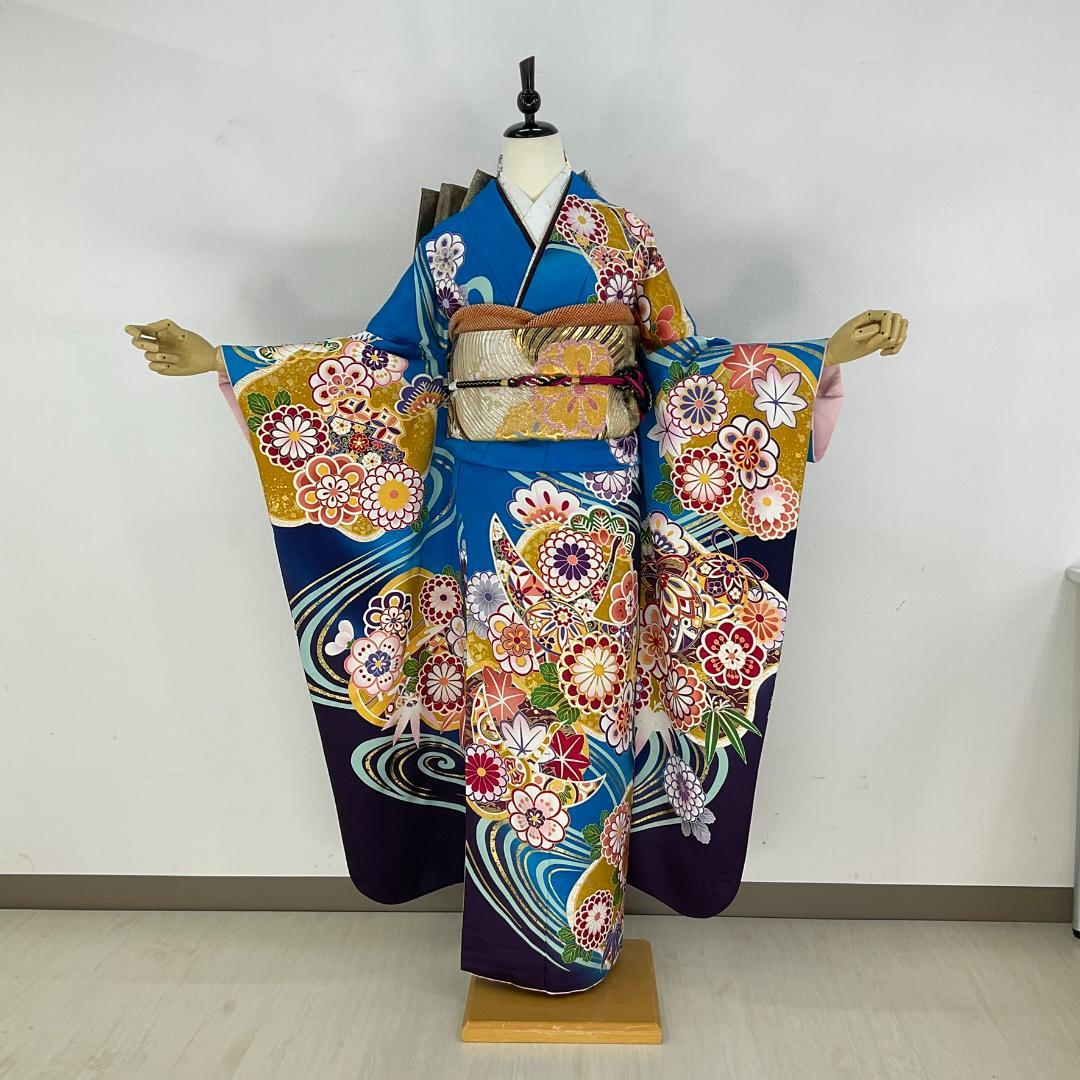 お振袖フルセット　7点セット　トールサイズ　青　本格現代古典　正絹　美品