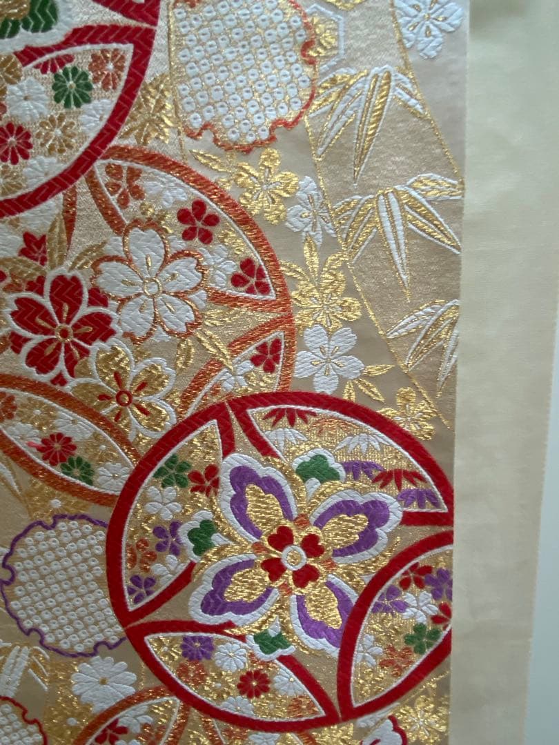 中古品 振袖用　袋帯 440cm クリーム系 正絹 古典 上品