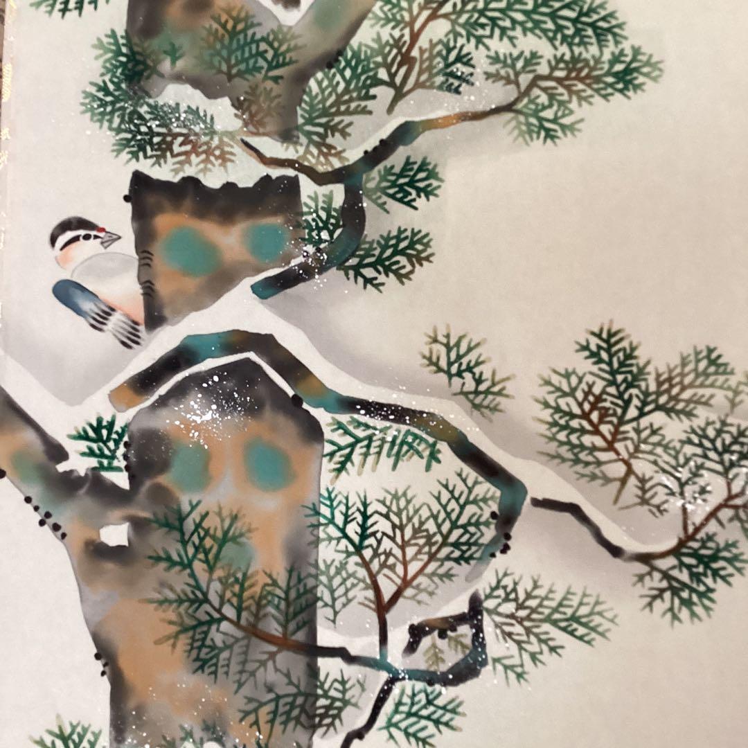 池田桂月筆　　酒井抱一写　【　12月 檜に啄木鳥図　】彩色画絹本掛軸　　462