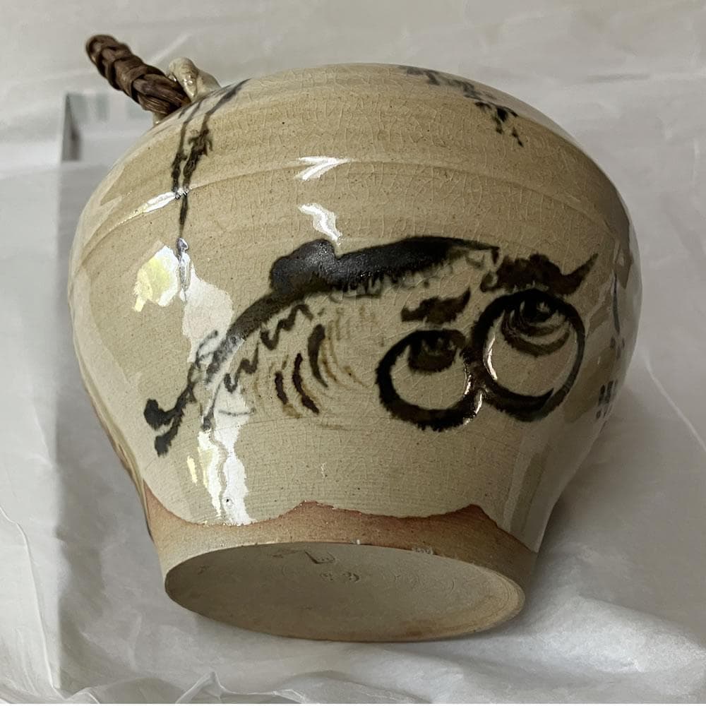 p015 古高取 急須 宝珠 魚 画 霊芝 摘み 茶道具