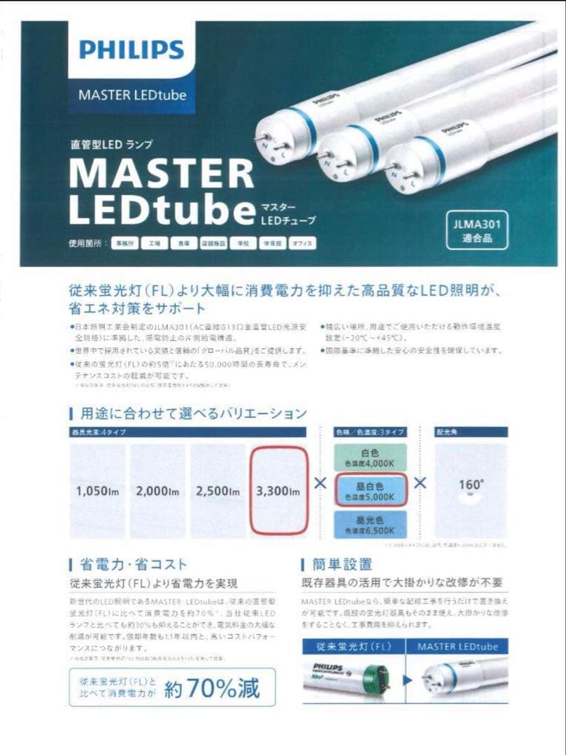フィリップス直管型LEDランプ40型高輝度3300lm昼白色49本