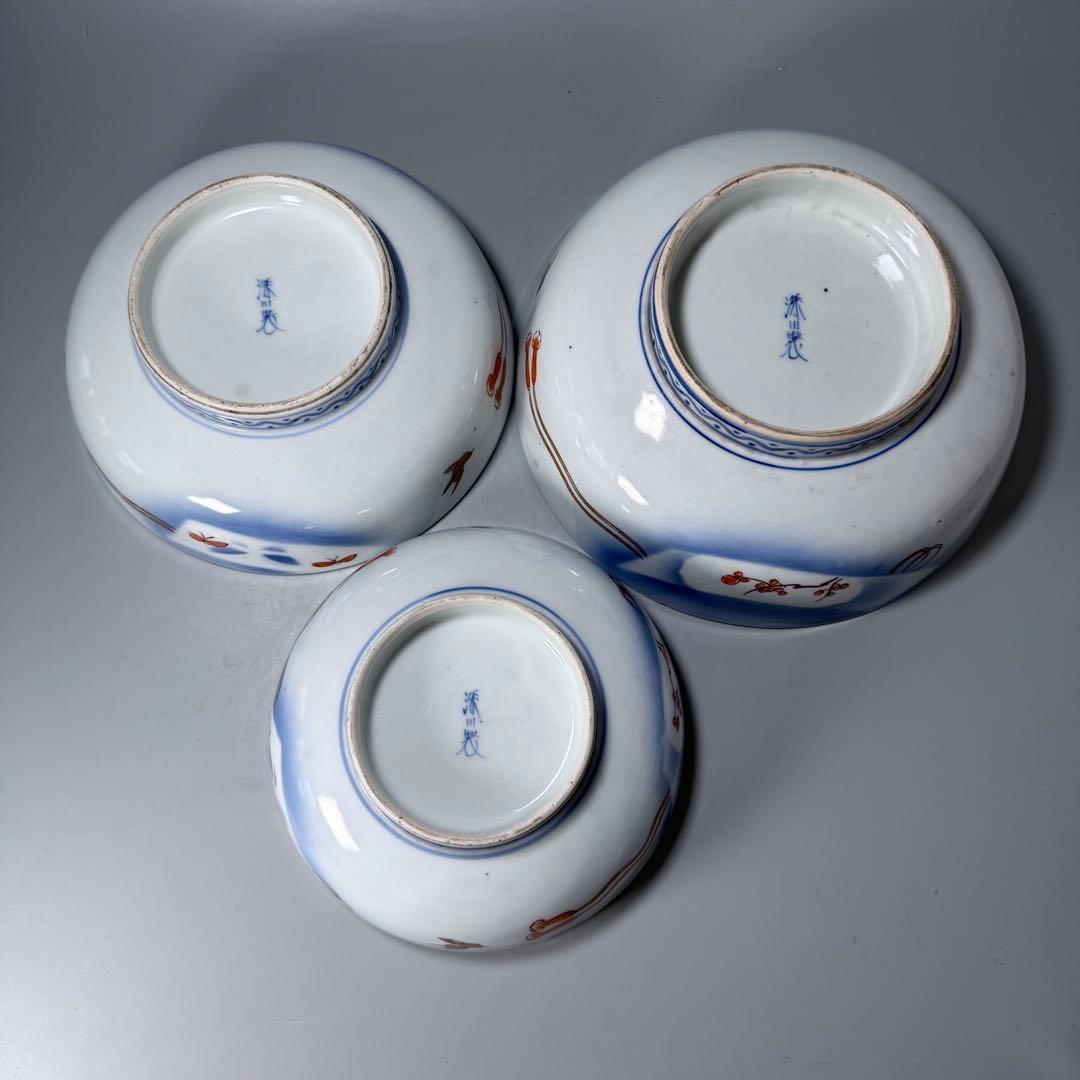 オールド深川製磁　明治時代　色絵菊文様三ツ鉢　深川ブルー　金彩　香蘭社