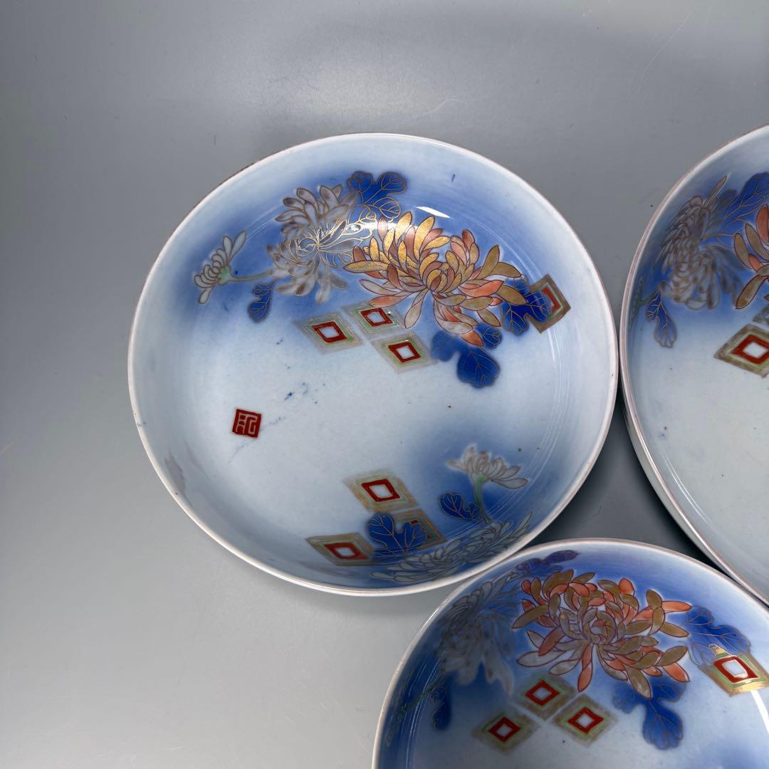オールド深川製磁　明治時代　色絵菊文様三ツ鉢　深川ブルー　金彩　香蘭社