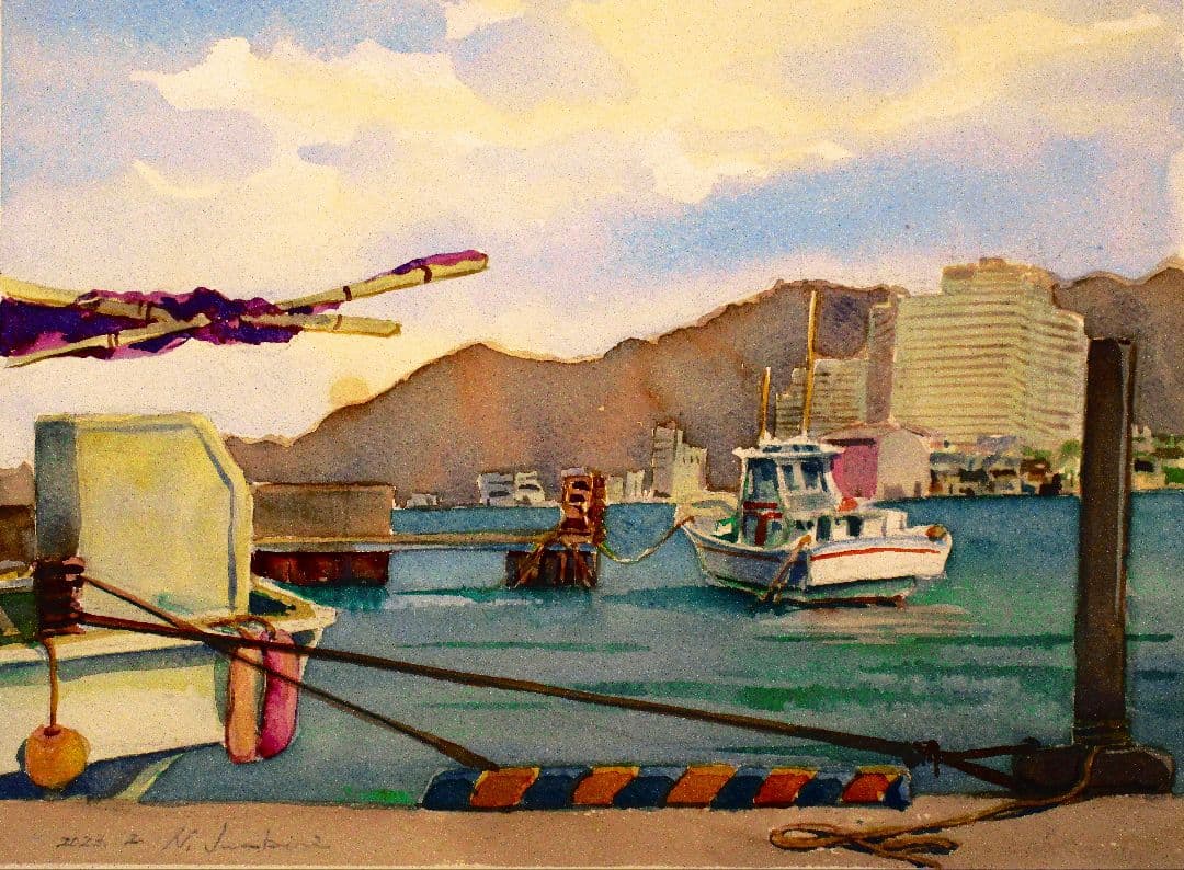港の風景 水彩画 金色フレーム付き F6サイズ