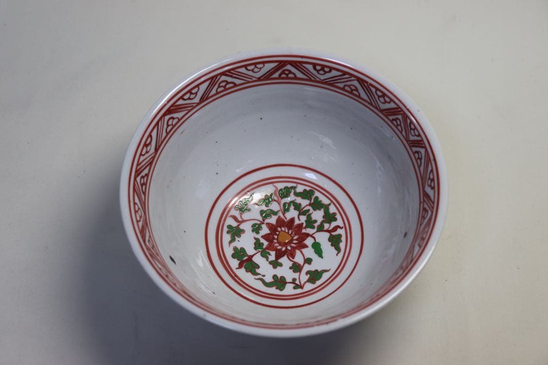 中国　紅緑彩花鳥紋碗　送料込み1025