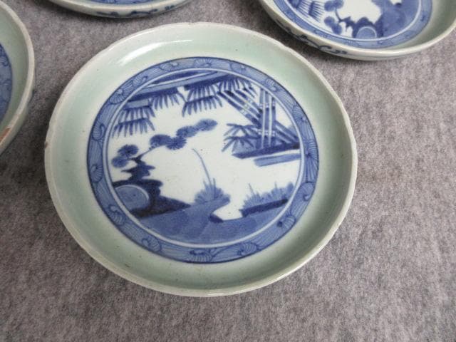 古伊万里冨貴長春青磁染付風景図焼物皿5枚 [B27960]