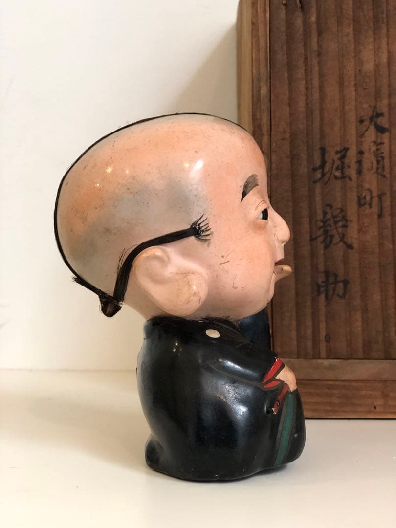 大正5年　福助人形　胡粉仕上げオープンマウス　骨董品　首動人形 インテリア　置物