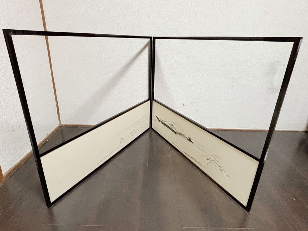 茶道具 堀内宗完 宗匠 自筆 曳舟図 如心斎好 腰風風炉先屏風 黒缘書付花押共箱