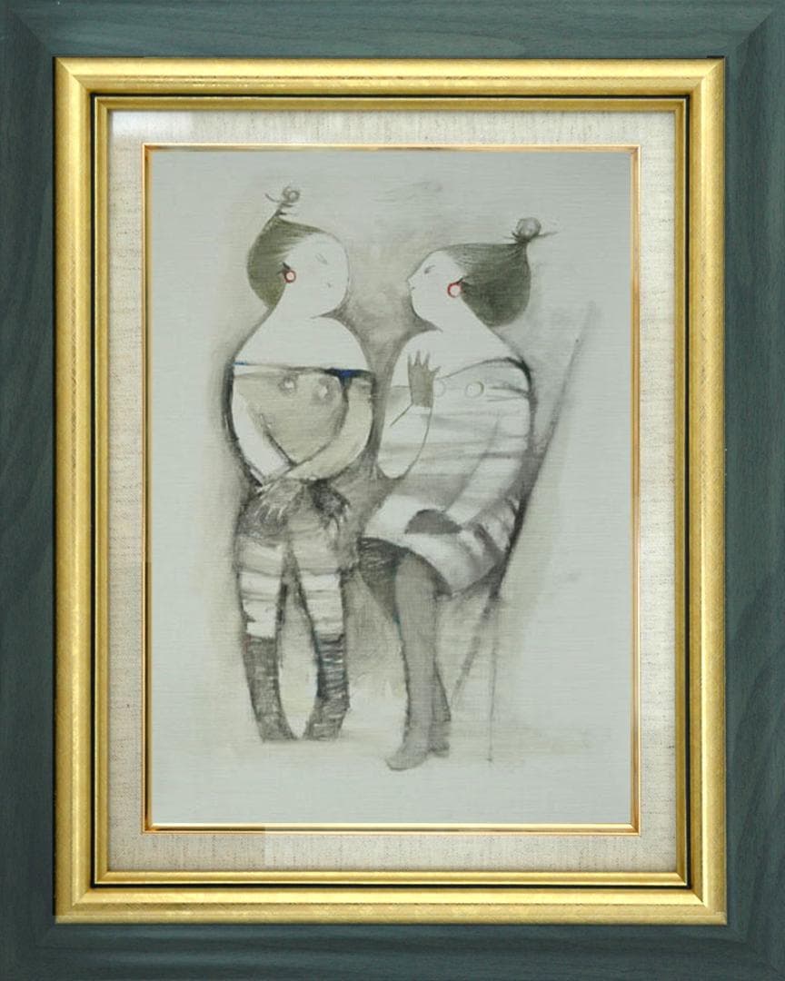 油絵 菅家令子 絵 絵画インテリ 額付(青緑＋金色の枠) F6-081712女性