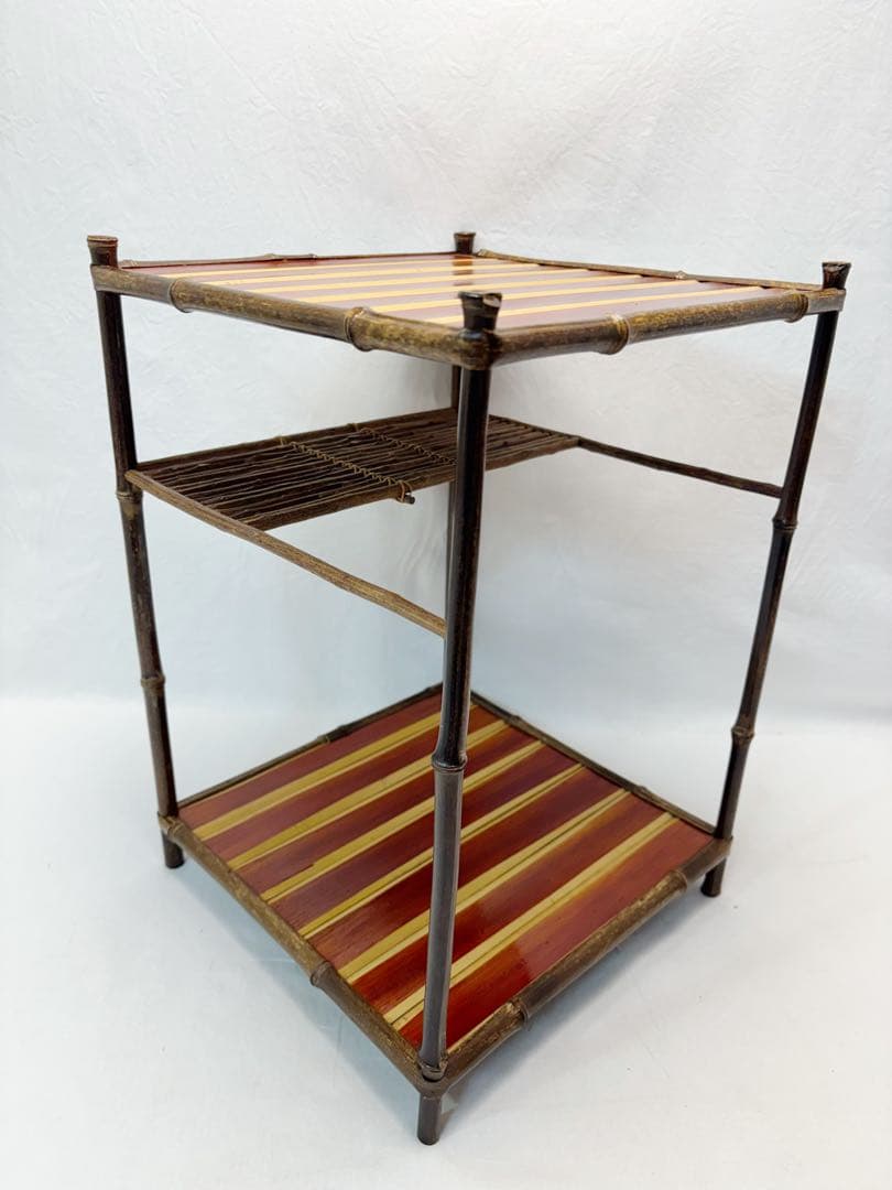 ほぼ未使用 茶道具 綾瀬棚 煎茶棚 黒竹柱 煎茶用二重棚 茶棚 小棚 竹工芸