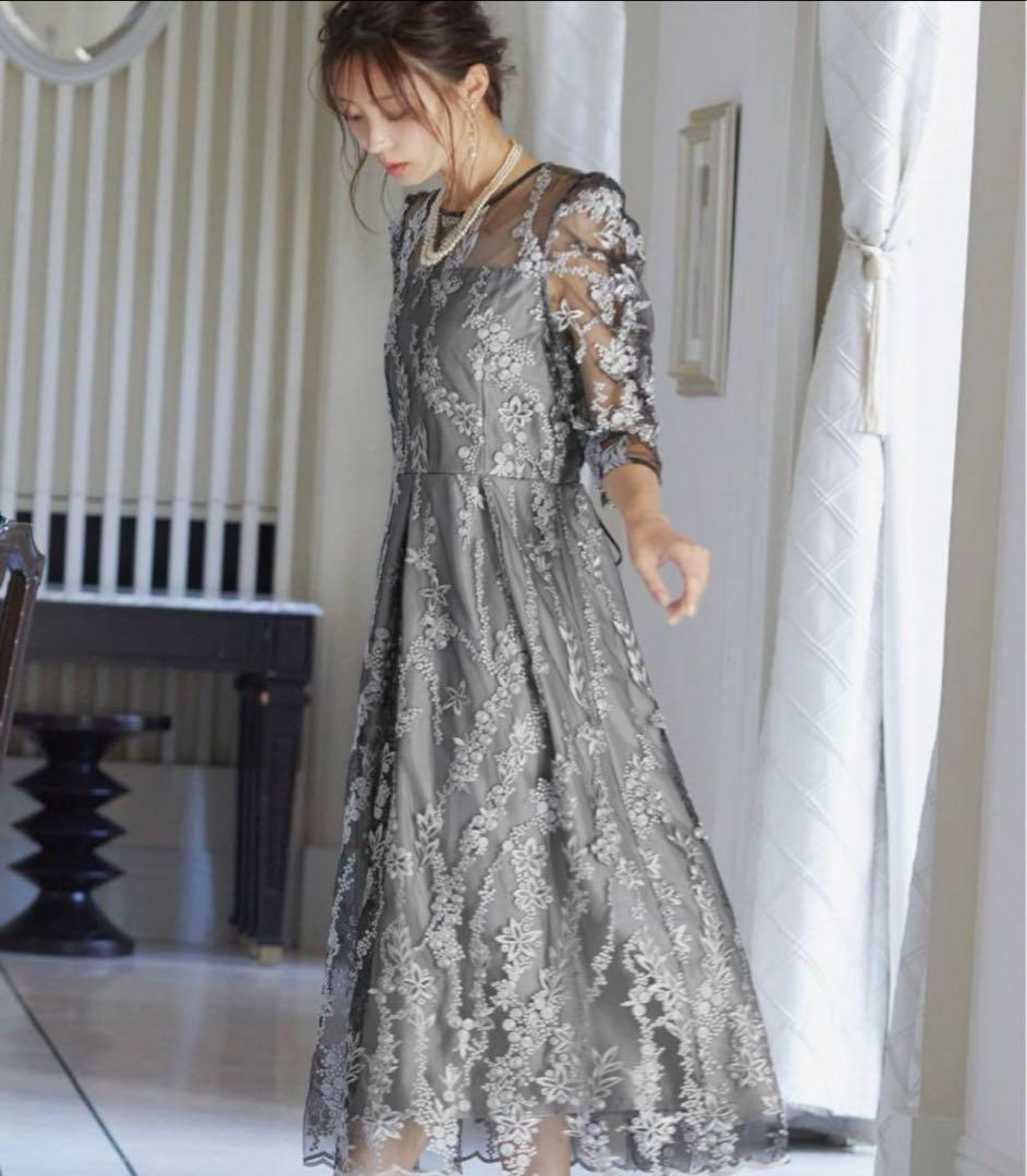 刺　レース　リボン　パーティー　結婚式　オケージョンドレス　黒　シルバー　グレー