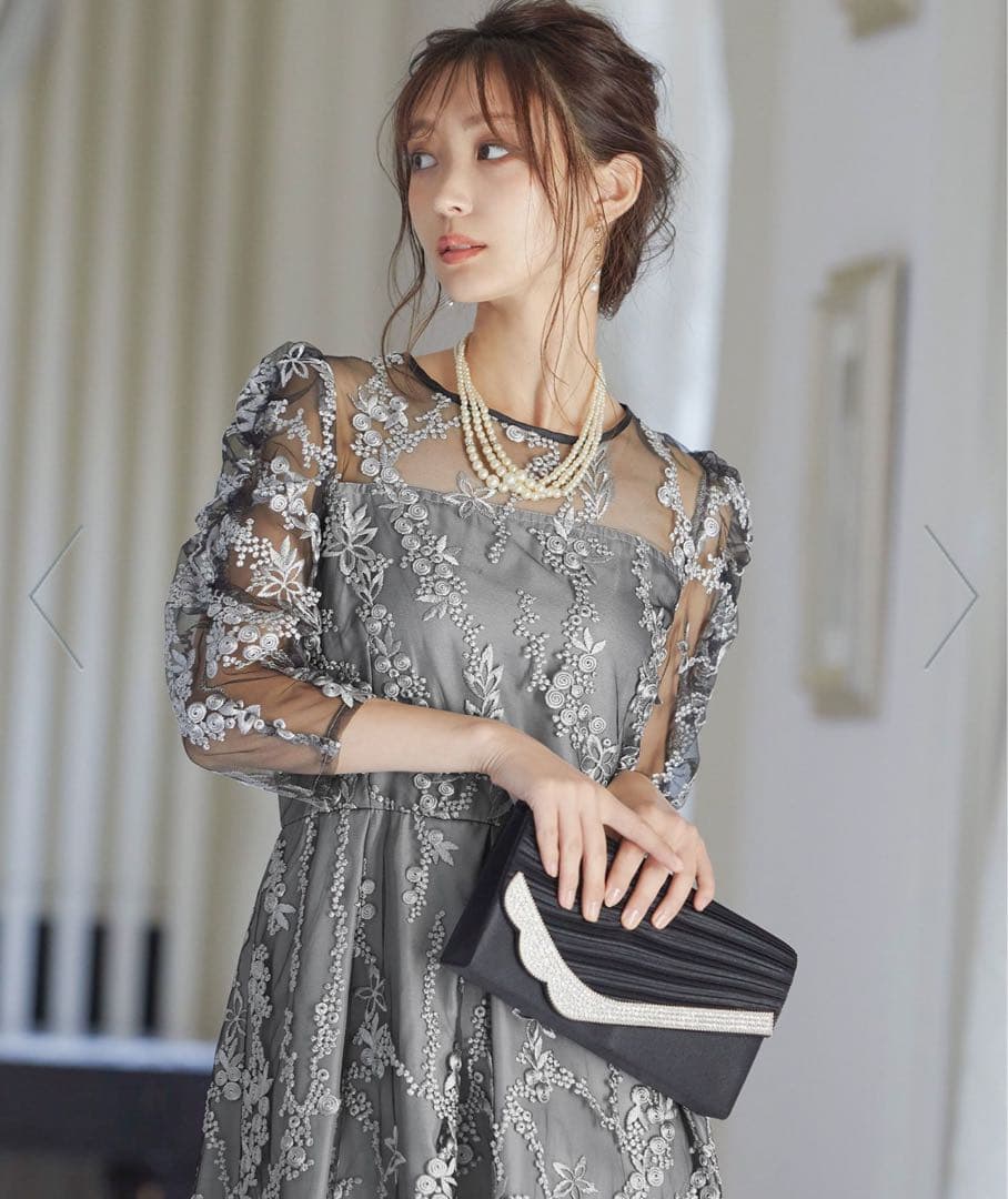 刺　レース　リボン　パーティー　結婚式　オケージョンドレス　黒　シルバー　グレー