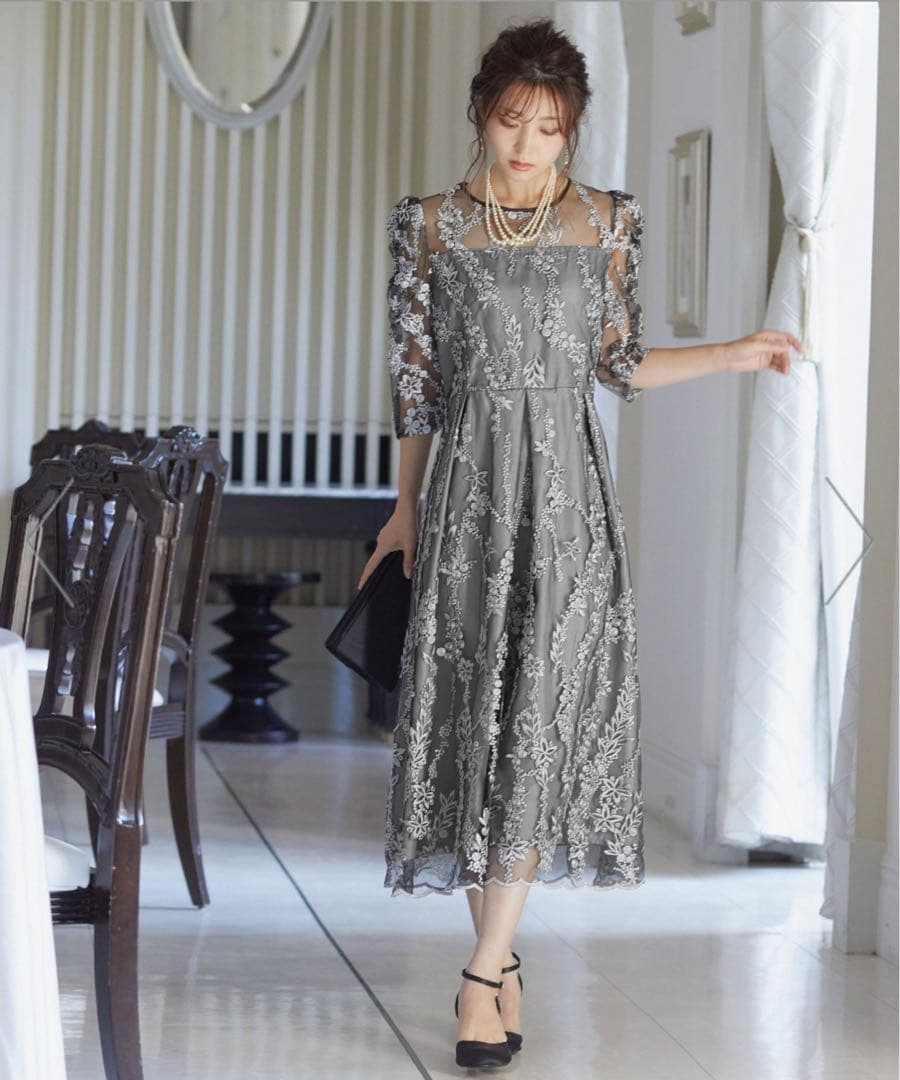 刺　レース　リボン　パーティー　結婚式　オケージョンドレス　黒　シルバー　グレー