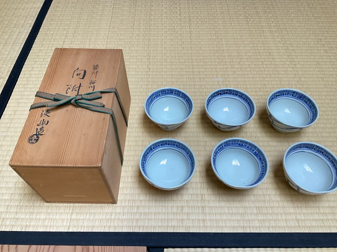 林淡幽　染付桜川向付六客　共箱041