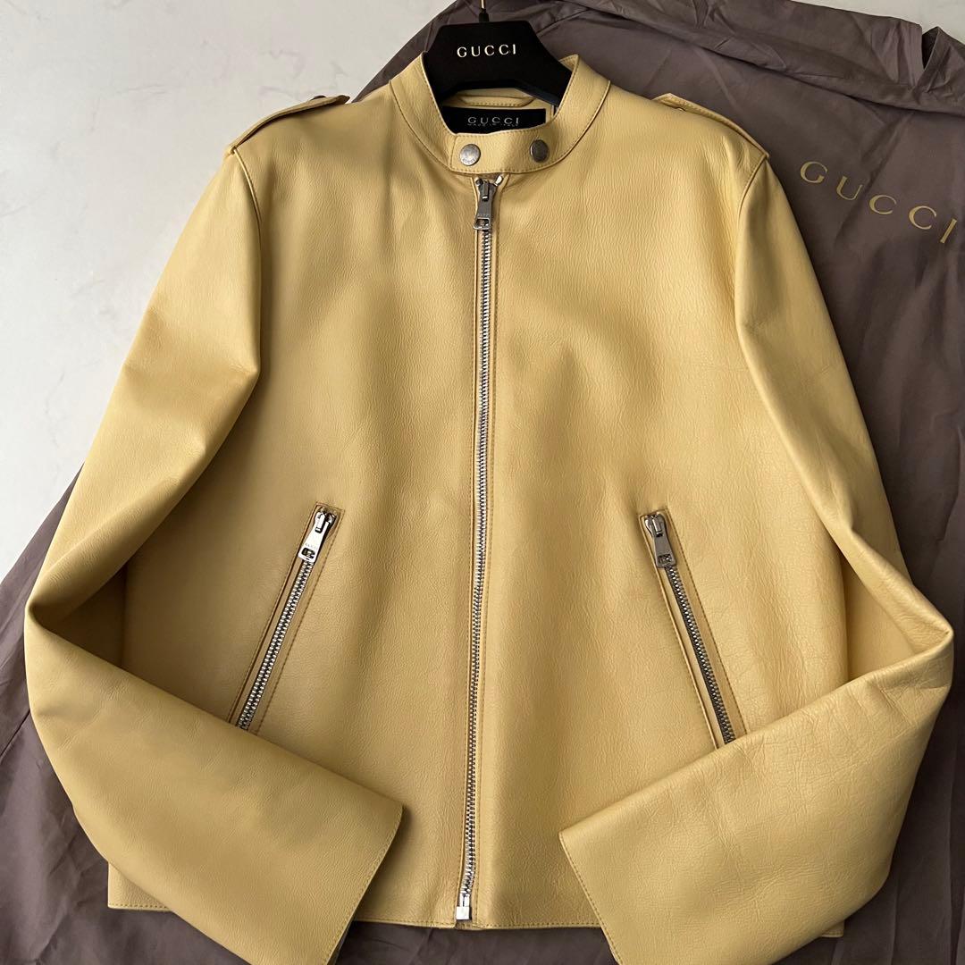 ほぼ未使用 グッチ シングル ライダース レザージャケット 牛革 バイカラー L