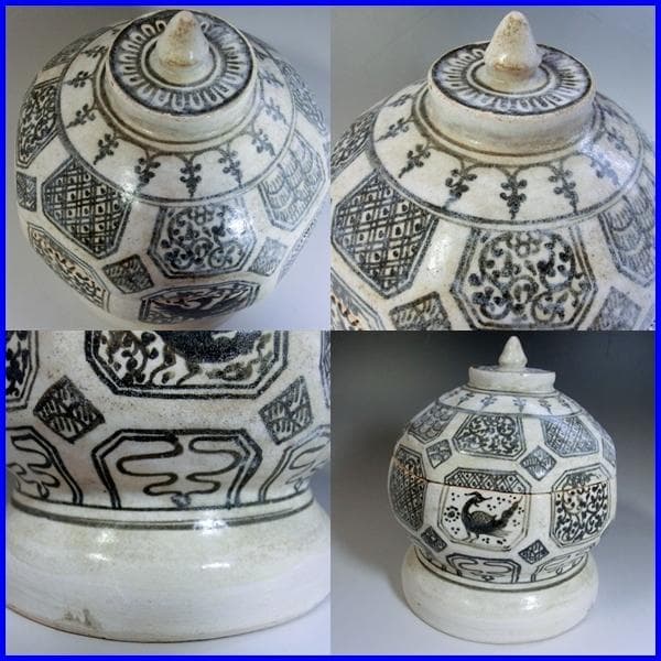 蓋物■白釉粉引八角合子 宋胡録調 蓋鉢 菓子器 鳳凰 唐草 骨董品 時代物 希少