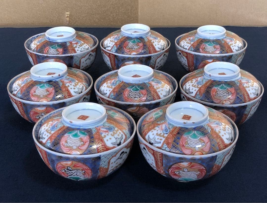 《レ》伊万里 錦手 蓋茶碗8客 金彩 時代 木箱　251104う3