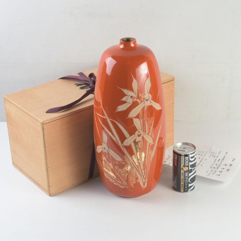 讃岐漆芸　山田暉雄作　花蒔絵　花瓶　共箱　C　9294A