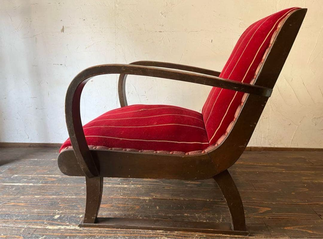 ヴィンテージ 赤いストライプ チェア　ソファ　肘掛け　レトロ　シングルソファ