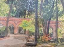【真作】絵画　油彩4号　緑陰の水路閣　穏やかな光と影を描く風景油彩画　W7