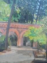 【真作】絵画　油彩4号　緑陰の水路閣　穏やかな光と影を描く風景油彩画　W7