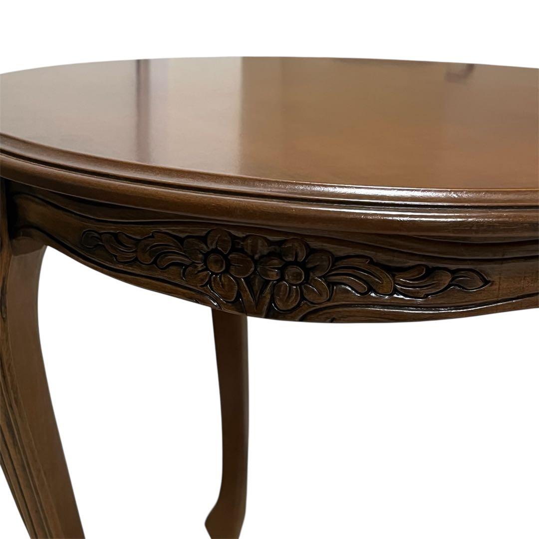 アンティーク調 コーヒーテーブル 猫脚 彫刻 花柄 ダークブラウン 円卓