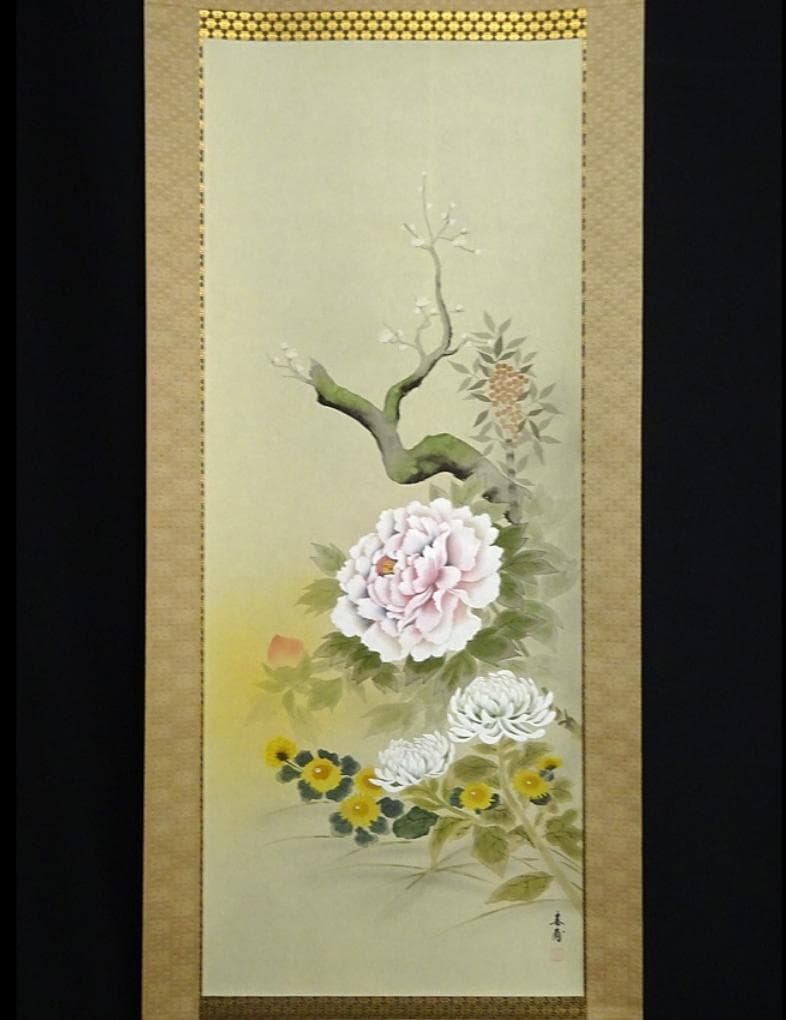 【真作】掛軸 植田春甫『四季花図』絹本 肉筆 共箱付 掛け軸 a041713