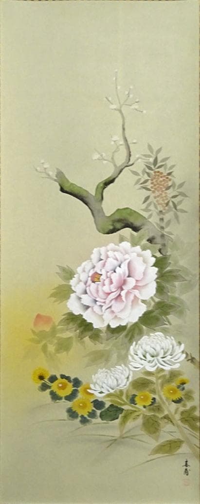 【真作】掛軸 植田春甫『四季花図』絹本 肉筆 共箱付 掛け軸 a041713