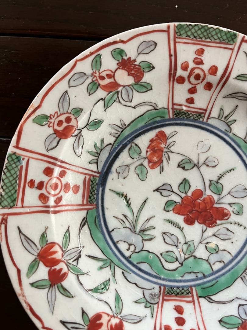 専用です‼️江戸初期　初期伊万里色絵　鍔皿　六寸　無傷　牡丹　柘榴　桃　芙蓉手