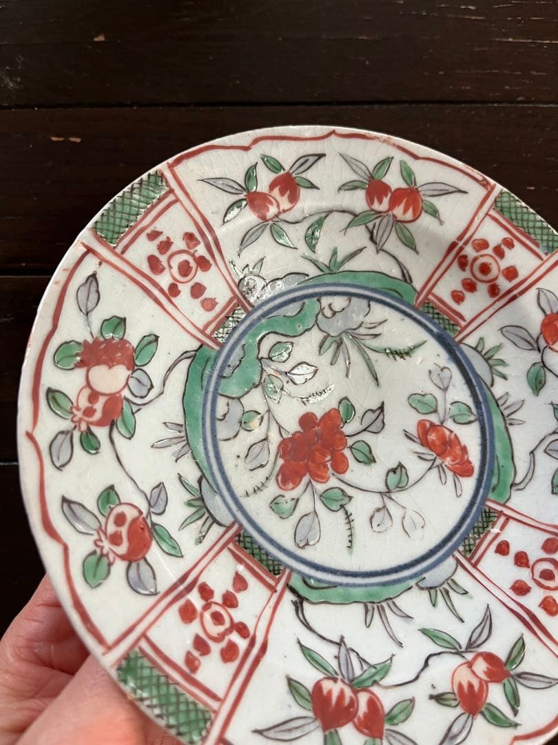 専用です‼️江戸初期　初期伊万里色絵　鍔皿　六寸　無傷　牡丹　柘榴　桃　芙蓉手